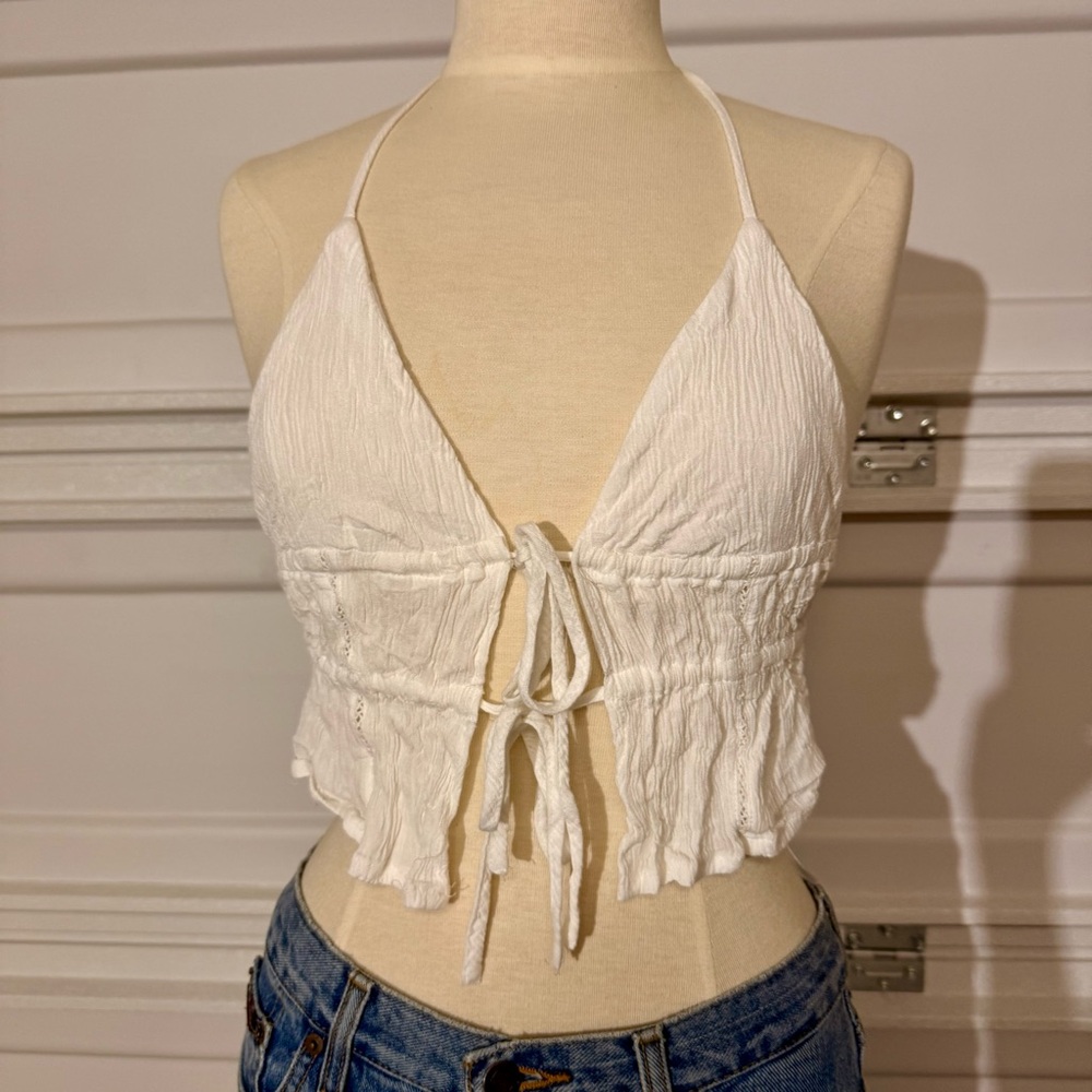 Garage White Tie-Front Crop Top